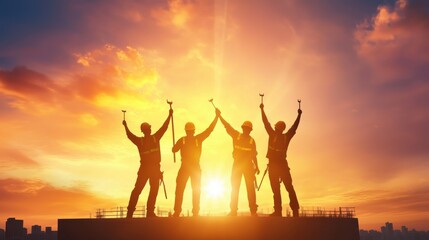 Construction team celebrating the completion of a project with tools in hand.