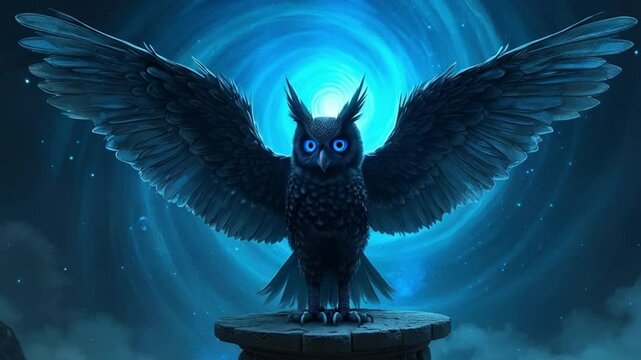 A three-headed owl with glowing blue eyes, perched on an ancient stone altar under a swirling vortex of stars.
