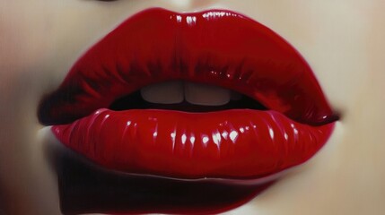 Obraz premium Close-up of glossy red lips with a hint of teeth, emphasizing beauty and allure.