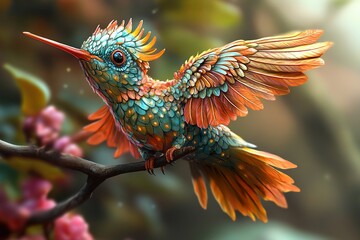 Fototapeta premium A vibrant hummingbird with iridescent plumage rests on a branch
