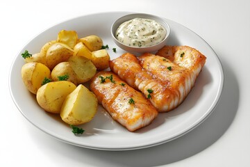 A plate featuring grilled fish fillets, roasted potatoes, and a creamy sauce.