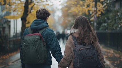 Fototapeta premium Young Couple Walking Hand-in-Hand on an Autumn Day
