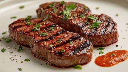 Grilled beef steak with herb and spices. Portion of fried meat cuts with rosemary, garlic, olive oil and ketchup sauce