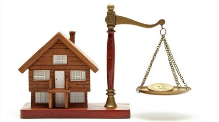 House Model and Gold Coin on a Scale: Real Estate Investment and Property Value