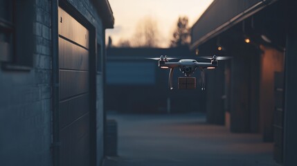 Drone Delivering Package at Dusk: Glimpse into the Future of Logistics