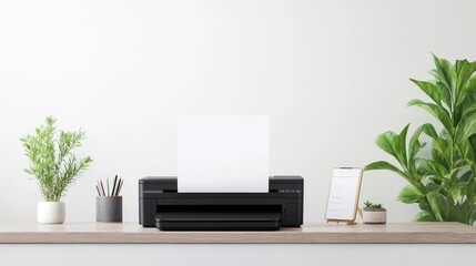 A black printer sits on a desk next to a plant and a stack of papers
