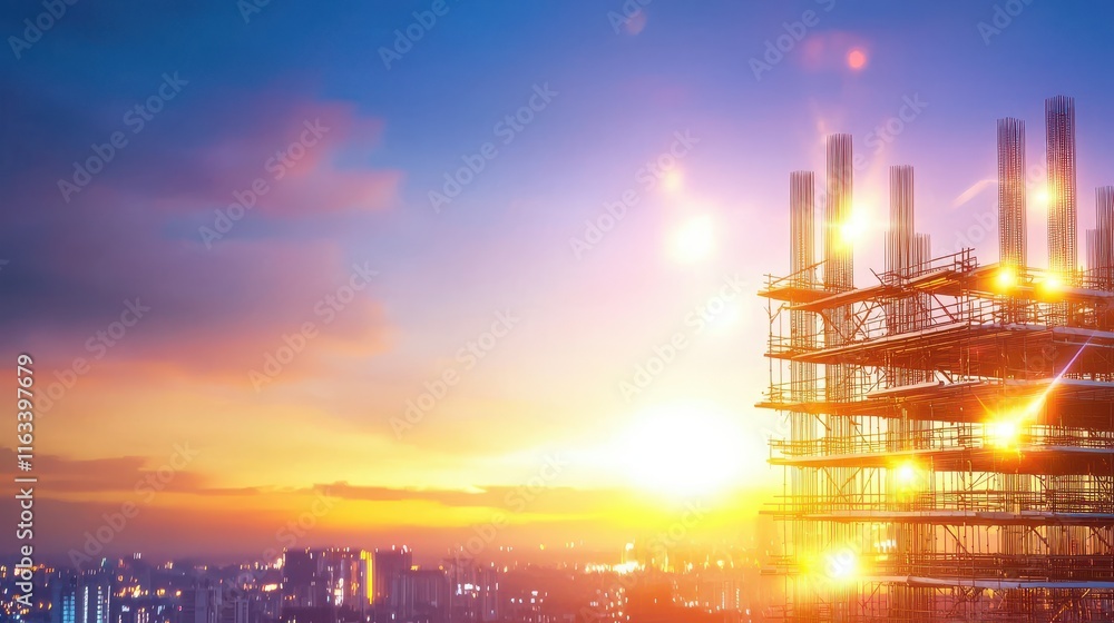 Poster wide view of a construction site at dawn, with soft lighting and layered scaffolding.