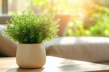 Lush Green Indoor Plant in a Simple Pot on a Wooden Table with Soft Sunlight and Blurred Background of a Cozy Living Room Setting