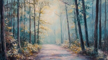 Obraz premium A forest path, where the leaves are coated in a layer of rain, their vibrant colors muted by the soft pastel light filtering through the trees. The rain continues to fall lightly, creating a rhythmic 