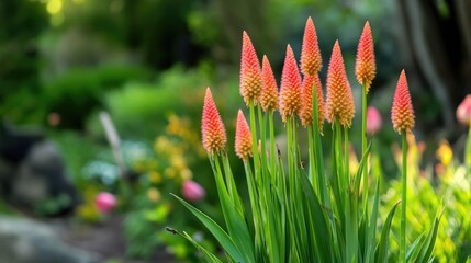 Red Hot Poker Flowers in a Lush Garden