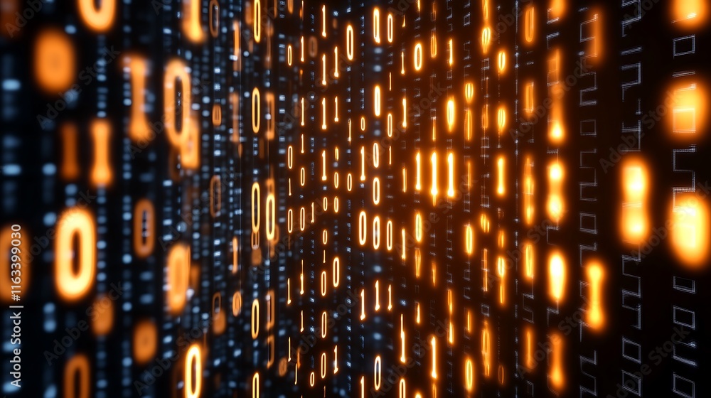 Poster glowing binary code streams creating a futuristic digital environment