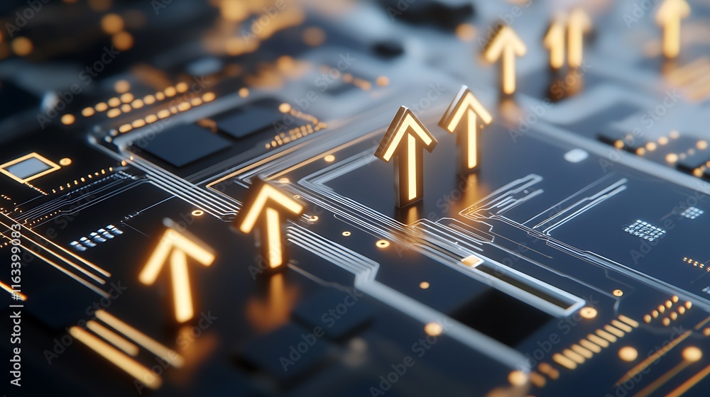 Poster golden arrows pointing upward on a circuit board representing growth and progress