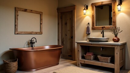 A rustic bathroom featuring stone walls, wooden accents, a copper bathtub, and warm lighting. A cozy, earthy retreat blending natural materials and timeless charm.