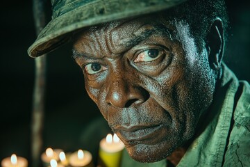 Black History Month leaders concept. A close-up of a serious man with a weathered face and intense gaze.