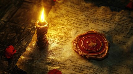 Illuminated parchment with wax seal and candle.