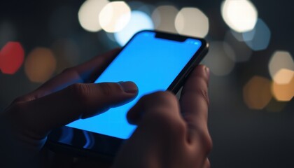 A person is holding a phone with a blue screen