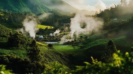 Fototapeta premium A serene landscape featuring lush greenery and steam rising from geothermal activity, creating a mystical atmosphere.