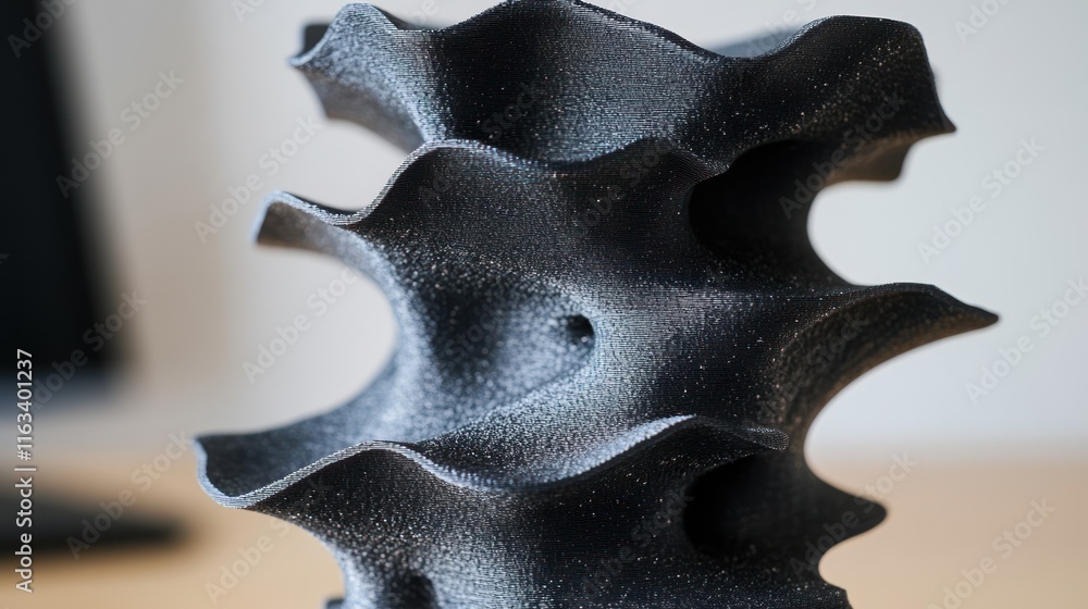 Poster close-up of a dark gray 3d-printed object with a complex, wavy, textured surface and visible layer l