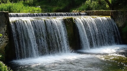 A serene waterfall cascades over rocks into a peaceful stream, surrounded by lush greenery and sunlight filtering through the trees.
