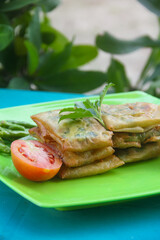 Matabak telur, Indonesian food that has a savory and delicious taste served on a green plate