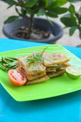 Matabak telur, Indonesian food that has a savory and delicious taste served on a green plate