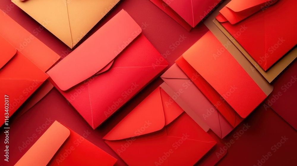 Poster red envelopes arranged in an overlapping pattern on a red background.