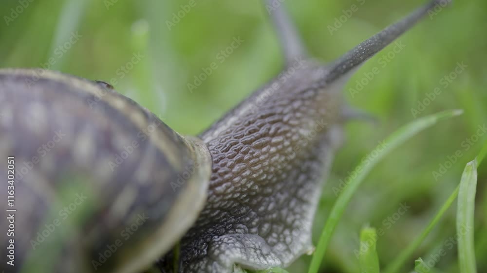Poster macro view, snail shell rolling in grass