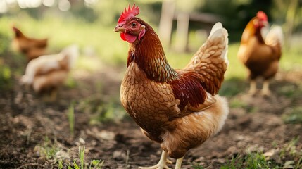 Fototapeta premium Close-up of a hen in a farmyard setting