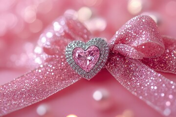 Pink heart-shaped diamond pendant resting on glittery ribbon bow