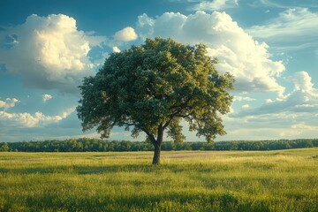 Fototapeta premium Lonely tree standing in green field under cloudy sky