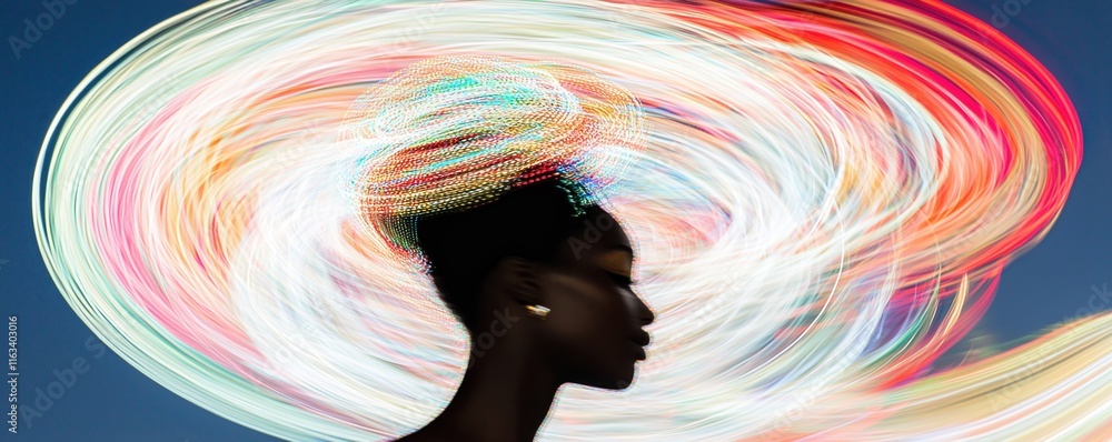 Poster black history month representation concept. dynamic silhouette with colorful light swirl effect.