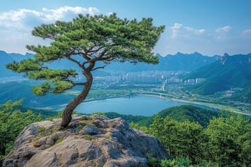 Obraz premium Korean pine tree growing on a cliff overlooking a valley in south korea