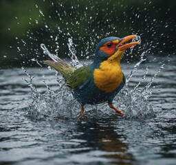 Capture a playful moment of a bird splashing in water.
