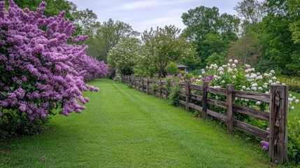 Blooming lilac and hydrangeas decorating a picturesque wooden fence in a lush garden