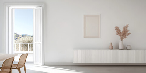 Modern minimalist living room with natural light and simple decor featuring a balcony view