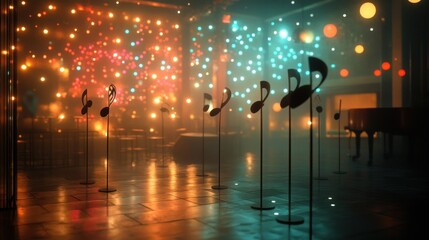 Obraz premium Musical notes on stands in a dimly lit room with bokeh lights and a piano.