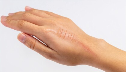 detailed shot of a scar from a hot oil splash on the back of the hand in isolated white background
