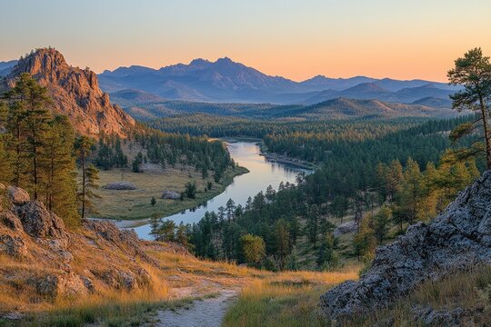 Breathtaking sunset illuminating river and mountains in the burabay national park