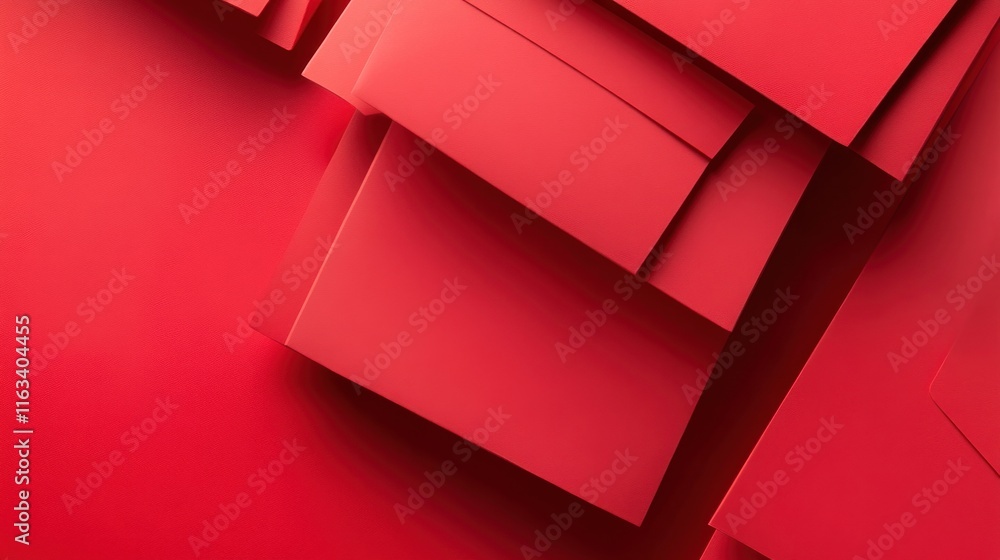 Poster abstract red geometric shapes, layered design, overlapping rectangles.