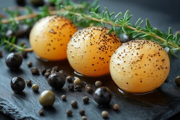 Obraz premium This artistic food presentation features three spherical gourmet creations, seasoned and garnished, representing Malakoff cuisine, perfect for food enthusiasts and creatives.