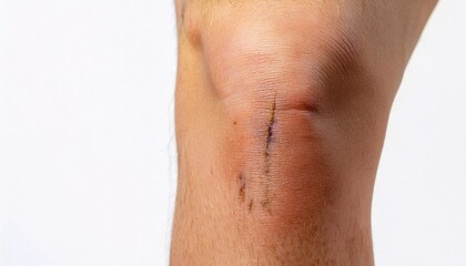 macro image of a scar on the knee caused by a skateboarding accident, showing detailed healing and faint scar discoloration in isolated white background
