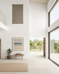 Fototapeta premium Modern interior design featuring large windows and natural light in a spacious living area