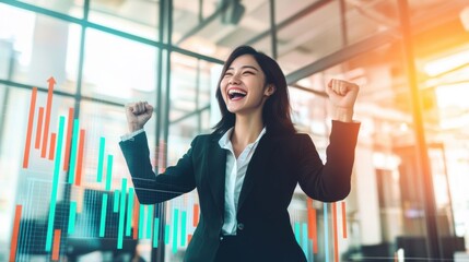 A woman in a business suit is smiling and raising her hands in the air. Generative AI