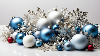 beautiful composition with ornaments and dazzling snowflakes set against a white background. The arrangement is ideal for seasonal themes since it perfectly represents the grace and glitz of holiday g