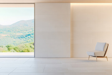 Obraz premium Modern interior design with scenic mountain view from minimalist living space