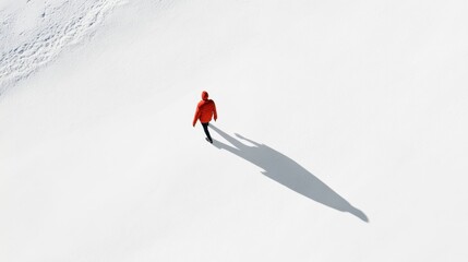 Capture an overhead photo of a solitary figure walking diagonally across a pristine white background, with bold, elongated shadows adding depth and a striking editorial effect."