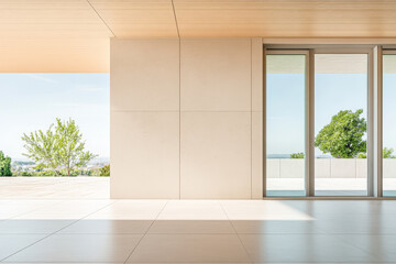 Modern architectural interior featuring large windows and a view of nature and landscape