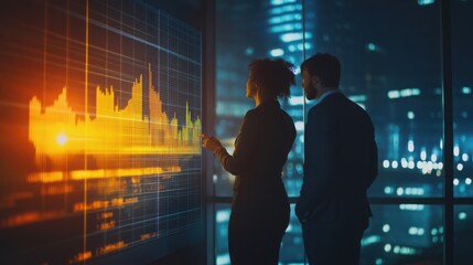 Professionals standing in front of a glass wall, reviewing financial data on a projection screen in a corporate office.