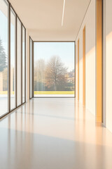 Fototapeta premium Modern interior hallway with large windows and natural light in minimalist design