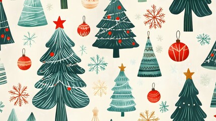 Festive Christmas Tree Pattern Design Featuring Ornaments and Snowflakes